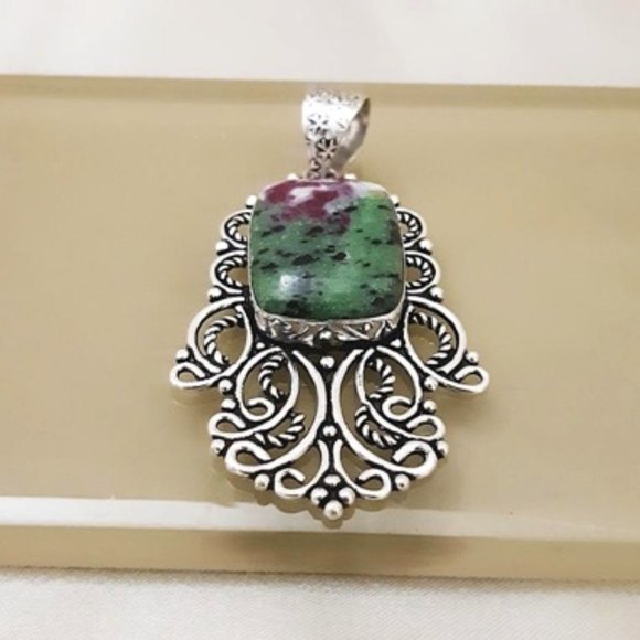 Ruby Zoisite (pd3) Pendant Natural Gems Green Purple Filigree Silver Art 2.5" L - Picture 5 of 10